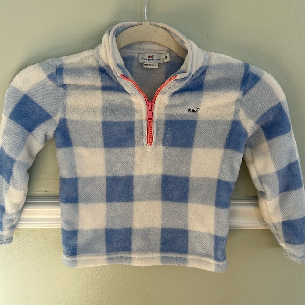 Blue and white buffalo check fleece quarter zip pullover
